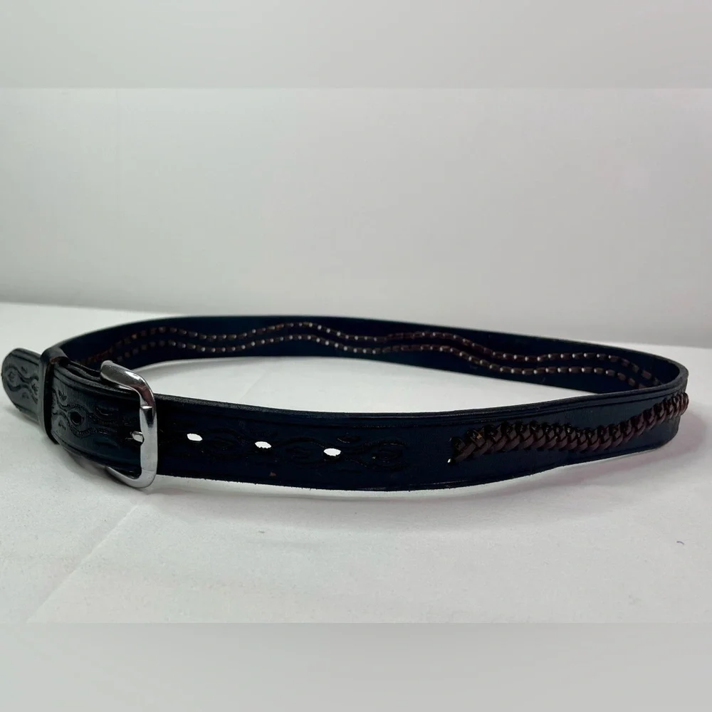 Black and Brown Braided Leather Belt Silver Buckle